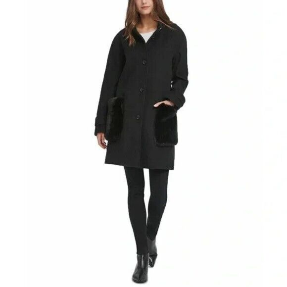 DKNY Women's Faux-Fur-Pocket Walker Coat Black Wool Blend Petite Extra Small NWT - Picture 1 of 11